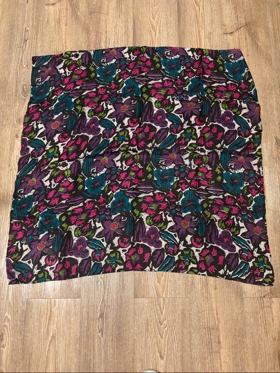 Floral Print Black Silk Scarf with Teal & Purple Accents - Picture 3 of 4
